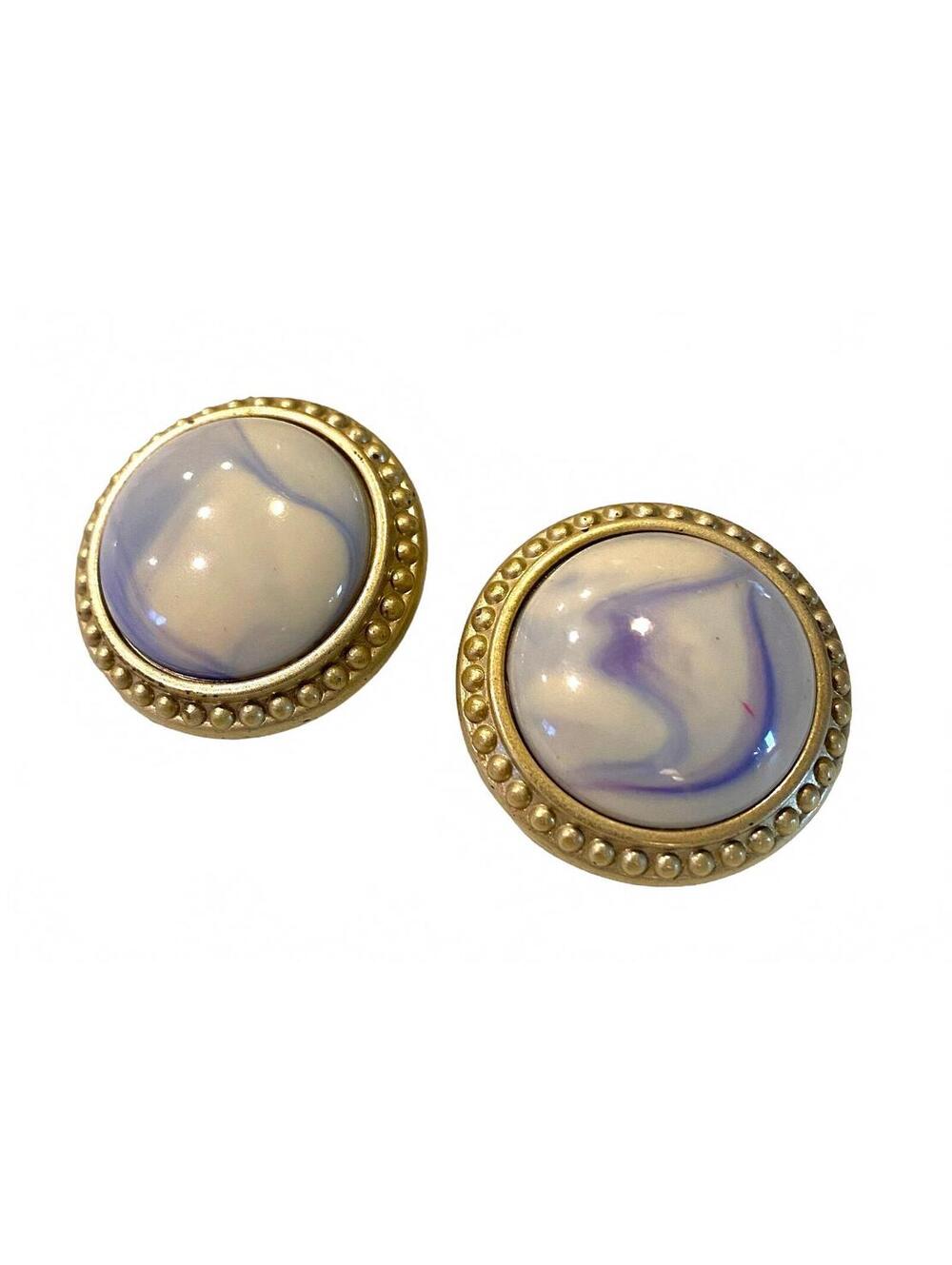 80s Gold Trim Blue and White Swirl Marbled Cabochon Button Clip Earrings AD1